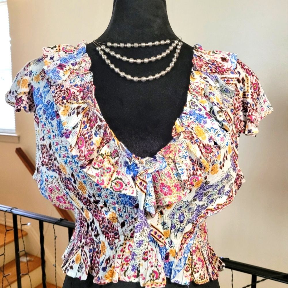 Nwt RAGA Multicolor Short Sleeve Ruffle Top Size Medium - Picture 6 of 16